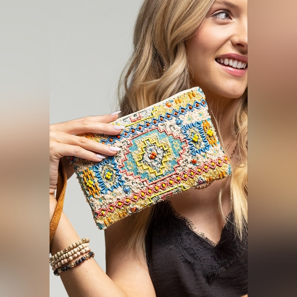 Colorful Handmade Hand Beaded Wristlet Clutch - Ethnic Inspired Geometric Design - Picture 7 of 7